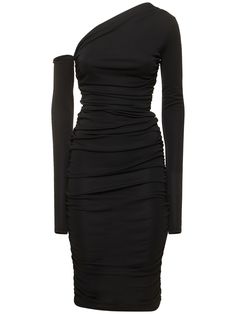 a black dress with long sleeves and an asymmetrically draped design on the shoulders