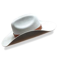 Tulsa crown with brown double flat leather band on 100x beaver felt Classic White Felt Hat For Ranch, Classic Brown Felt Hat Bands, Classic Felt Hat Bands For Rodeo, Luxury Fur Felt Hat With Flat Crown, Classic Adjustable Leather Felt Hat, Ranch Style Flat Crown Leather Felt Hat, Luxury Brown Fur Felt Hat, Leather Flat Crown Felt Hat For Rodeo, Leather Felt Hat With Flat Crown For Rodeo