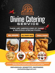 the flyer for divine catering service is shown in yellow and black colors, with an image of