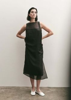 Mijeong Park Organza Dress - Black Mijeong Park, Slip Dress Midi, Pink Plant, Boat Neck Dress, Organza Dress, Crochet Shirt, Dark Beige, Satin Slip, Satin Slip Dress