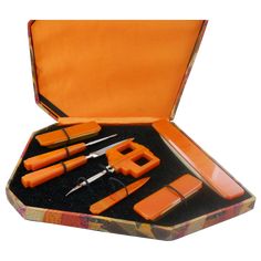 Vintage Bakelite Manicure Set and Box Vintage Manicure, Vintage Vanities, Bakelite Brooch, Antique Shopping, Orange Tone, Bakelite Jewelry, Vanity Accessories, Dresser Sets