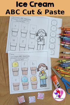 an ice cream alphabet cut and paste worksheet with crayons on the table