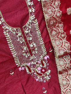 Item Overview ATHARVA Hand Embroidery Salwar Kameez/Embroidery Neck Maroon/Banarsi Silk Dupatta/Custom Stitch/Tunic/Patiala/Churridar/Anarkali Dno. CH1709 Fabric: * Shirt - Chanderi Silk- Hand Embroidered Neck - 2.5 Mts - Beautiful Hand Embroidery * Dupatta: Dola Banarasi silk Dupatta- All over Embroidery - 2.5 Mts- Latkans Tassels - Dark Pink * Bottom Santoon Silk 2.5 Mts. Excusive Hand Embroidered Party Wear Punjabi Suit. Customization: * Fabrics Customization: Designs Can be made in different Red Raw Silk Churidar With Gota Work, Festive Salwar Kameez With Gota Work, Straight Kurta With Gota Work In Dola Silk, Navratri Churidar With Pallu And Chandbali Shape, Bollywood Semi-stitched Kundan Anarkali Set, Chandbali Churidar With Pallu For Navratri, Semi-stitched Chanderi Sharara With Dori Work, Traditional Raw Silk Kurta With Gota Work, Semi-stitched Banarasi Silk Sharara With Dabka Work