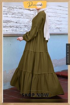 Muslim Solid Color Long Shirt Sundress Casual Pleated Maxi Dress Long Sleeve Shift Maxi Dress Solid Color, Spring Khaki Long Sleeve Maxi Dress, Solid Color Long Sleeve Maxi Dress For Casual Wear, Casual Khaki Maxi Dress, Modest Long Sleeve Cotton Dress, Sundress Casual, Pleated Maxi Dress, Pleated Maxi, Long Shirt