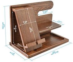 a wooden desk organizer with measurements for the top and bottom section, including an open drawer