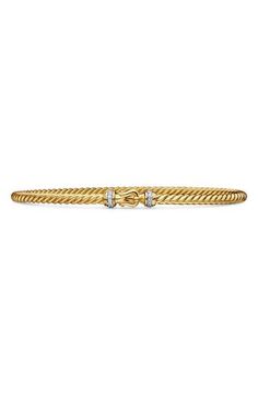 An ornately spiraled texture and brilliant pavé diamonds lend timeless elegance to a versatile bracelet crafted from gleaming 18-karat gold. 6 1/4" inner circumference Fishhook clasp Total diamond weight: 0.06ct. 18k gold/diamond Made in the USA >Diamond Guide Cable Bracelets, Buckle Bracelet, Diamond Guide, Bracelet Crafts, David Yurman, Pave Diamonds, Womens Jewelry Bracelets, Gold Diamond, Timeless Elegance