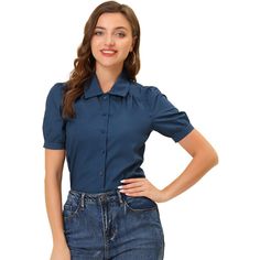 This shirt is suitable for office, work, seminar, or anywhere requiring formal wearing, and easy to easy-to-match skirt, jeans, or any pants. Create a chic style for your daily career wardrobe with this work shirt. A basic button-up firm shirt with elegant looking, stylish, and feminine. A chic and feminine short-sleeve blouse with a spread collar brings instant romance to any look. Solid Blouse With Button Closure For Business Casual, Blue Workwear Blouse With Back Button Closure, Office Puff Sleeve Cotton Shirt, Solid Office Lady Tops With Button Closure, Puff Sleeve Shirt With Button Closure For Work, Cotton Puff Sleeve Shirt For Office, Cotton Office Wear Blouse, Blue Office Lady Blouse For Workwear, Blue Professional Blouse For Work