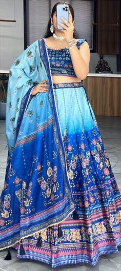 Blue color Lehenga in Art Silk fabric with Gota Patti, Printed work Blue Sharara With Pallu For Navratri, Blue Semi-stitched Sharara With Motifs, Blue Cutdana Choli For Navratri, Blue Semi-stitched Motif Sharara, Blue Bollywood Anarkali Set In Art Silk, Blue Bollywood Art Silk Anarkali Set, Blue Art Silk Choli With Cutdana, Semi-stitched Blue Sets With Motifs, Blue Zari Work Lehenga In Art Silk