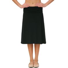 "Solid color A-line skirt is a great base for any top. Easy to pair with the tops you love and dress up or down! This skirt is pull on style, made of heavy weight cotton knit jersey, fold-over stretchy waist without zipper. It's not only comfy to wear with, but also makes your tummy look flat! Our versatile fold-over, a-line skirt is perfect for everyday wear. Can be made longer by not folding over the waist or shorter by folding over the waist band. The waist band is a yoga band, meaning no ela Knee-length Lined Skort, Stretch Flared Pencil Skirt, Solid Flowy Skort, Solid Color Stretch Midi Pleated Skirt, Solid Color Stretch Midi Skirt, Relaxed Fit Solid Flared Skort, Non-stretch Solid Maxi Skirt, Stretch Full Pleated Skirt In Solid Color, Solid Stretch Flared Skirt