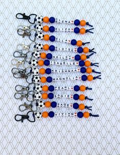 several pairs of scissors with orange and blue balls attached to each other on a white background