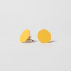 Round Brass earrings w/ Sterling Posts in marigold. Bold Yellow Drop Earrings, Yellow Minimalist Round Earrings, Modern Yellow Earrings For Everyday, Modern Yellow Earrings For Everyday Wear, Minimalist Yellow Earrings For Gift, Yellow Hypoallergenic Earrings For Everyday, Hypoallergenic Yellow Earrings For Everyday Wear, Minimalist Yellow Earrings For Pierced Ears, Minimalist Yellow Pierced Earrings