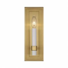 a wall light with a single candle on the front and side of it, in gold