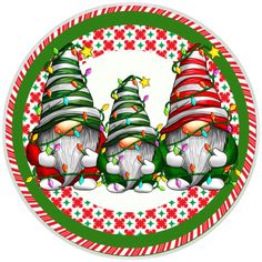 three christmas gnomes sitting in a circle with candy canes on the bottom and stars around them