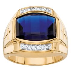 PRICES MAY VARY. Main Stone: 1 Emerald Faceted Cut Lab Created Blue Sapphire, 7.50 carats, 13 mm x 11 mm Accent Stone: 12 Genuine Diamonds .11 cttw 18k Gold-Plated, Silvertone Measures: 22 mm wide x 17.5 mm long x 6 mm high; Shank Width: 4.0 mm wide Includes gift box and drawstring pouch PalmBeach Jewelry exclusive. This timeless classic for him features a large cushion-cut created red ruby or blue sapphire with diamond accents flanking either side. It's the ring that will set him apart. Richly Gem Drawing, Mens Rings, Palm Beach Jewelry, Sapphire And Diamond Ring, Gold Chains For Men, Blue Sapphire Diamond, Mens Ring, Stone Gold, Gold Plated Rings