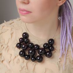 "This Black chunky necklace is made of glass in the lampwork technique, each bead is hand blown and unique. This Black bib beaded necklace is lightweight, stylish and elegant and will become a versatile and irreplaceable addition to your everyday outfits! 💕 You will definitely look stunning in this glass bubble necklace! Dimensions: the necklace length is adjustable, 16 1/2\"-19\" inch (42-48cm). Materials: artist lampwork glass beads, metal fittings. 🎁 This big bead necklace will also be a gr Lampwork Necklace, Bubble Necklaces, Black Bead Necklace, Purple Necklace, Ball Necklace, Black Necklace, Chunky Necklace, Bib Necklace, Lampwork Glass Beads