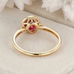 Art Deco 14K Solid Gold Vintage Round Cut Ruby Bezel Ring—a timeless and elegant choice that beautifully showcases the fiery allure of a round-cut ruby gemstone set in the vintage charm of 14k solid gold. Luxury Ruby Ring With Round Stone, Yellow Gold Ruby Ring With Bezel Setting, Ruby Ring In Yellow Gold With Bezel Setting, Fine Jewelry Rose Gold Ruby Ring With Halo Design, Elegant Ruby Ring With Prong Setting, Luxury Yellow Gold Ruby Ring With Lab-created Ruby, Rose Gold Ruby Ring With Halo Design, Yellow Gold Ruby Halo Ring For Promise, Heirloom Ruby Ring In Yellow Gold