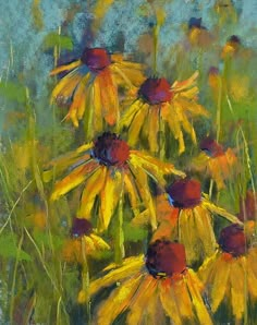 a painting of yellow and red flowers in the grass