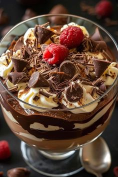 a dessert with chocolate, cream and raspberries in a glass dish on a table