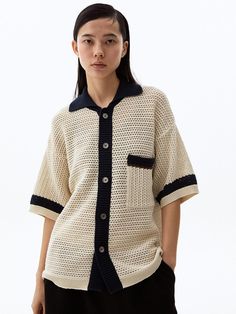 This is a casual and comfortable cardigan that is made out of high quality cotton 100% fabric. With design detail of loose silhouette, point color detail on the collar, cuff, and pocket, it gives a trendy and casual mood.- Loose silhouette- Cool crochet knit texture- Color detail on the collar, cuff, and pocket Cotton Textured Knit Sweater For Work, Textured Knit Casual Cardigan For Work, Beige Cotton Cardigan With Pockets, Oversized Collared Casual Cardigan, Oversized Collared Cardigan In Casual Style, Oversized Collared Cardigan Casual Style, Casual Oversized Collared Cardigan, Beige Cotton Cardigan With Ribbed Cuffs, Beige Textured Knit Cotton Cardigan