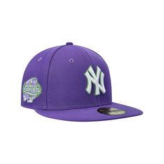 the new york yankees purple and white 59fifty fitted - back cap is shown