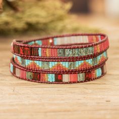 Handcrafted Glass Beaded Wrap Bracelet in Burgundy - Santa Fe in Burgundy | NOVICA Leather And Beads, Diy Leather Bracelet, Types Of Jewelry, Beaded Wrap Bracelets, Beaded Wraps, Western Jewelry, Bracelet Ideas, Leather Diy, Leather Jewelry