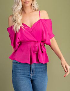 Cold Shoulder Peplum Blouse. Tie at the waistMODEL HEIGHT 5'8" 100% POLYESTER Chic Peplum Top For Day Out, Chic Peplum Top For Date Night, Chic Peplum Tops For Summer, Fall Peplum Blouse For Night Out, Spring Chic Peplum Top For Night Out, Chic Peplum Top For Night Out In Spring, V-neck Padded Blouse For Brunch, Trendy Peplum Tops For Summer, Chic Summer Workwear Peplum Top