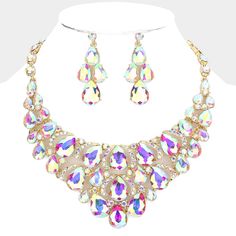 AB Crystal Teardrop Cluster Pageant Necklace on Gold | Statement Necklace Luxury Fusion Beaded Bridal Necklace, Luxury Multi-stone Fine Jewelry Necklaces, Luxury Multi-stone Necklace For Formal Occasions, Luxury Multicolor Bridal Necklace For Celebration, Luxury Multicolor Necklaces For Wedding, Luxury Multicolor Necklace For Wedding, Luxury Multicolor Bridal Necklace With Stone Work, Bling Wedding, Gold Statement Necklace