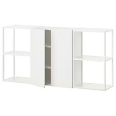 a white cabinet with three shelves and two doors on one side, the door is open