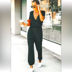 Nwt Lightweight, Super Flattering Jumpsuit. Throw On And Go! Easy To Dress Up Or Down. Casual Black Bodysuit, Casual V-neck Bodysuit For Loungewear, Casual Black Overall Bodysuit, Casual V-neck Bodysuit, Casual V-neck Stretch Jumpsuits And Rompers, Short Sleeve Cuffed Jumpsuit Travel, Casual V-neck Jumpsuit With Relaxed Fit, Stretch Elastane V-neck Jumpsuits And Rompers, Versatile Black V-neck Jumpsuits And Rompers