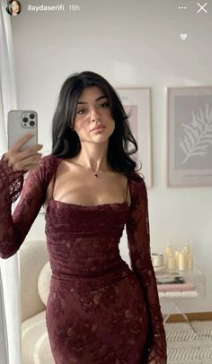 Red Midi Dress Aesthetic, Classy Aesthetic Dress, Red Dress For Birthday, Birthday Outfit Aesthetic, Burgundy Birthday, Burgundy Dress Outfit, Red Lace Prom Dress, Classy Prom, Lace Burgundy Dress