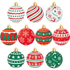 twelve christmas baubles with different patterns and designs, all decorated in various colors