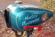 a blue harley davidson motorcycle parked on the side of a road