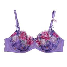 Size 34b New With Tags Color: Electric Blooms Embroidery Unlined Balconette Bra With Push-Up Without Padding Design Fitted Purple Bra With Lace Trim, Elegant Victoria's Secret Purple Bra, Elegant Purple Victoria's Secret Bra, Victoria's Secret Feminine Purple Bra, Fitted Lavender Victoria's Secret Bra, Feminine Fitted Purple Bra, Fitted Feminine Purple Bra, Feminine Purple Bra, Elegant Purple Bra For Spring