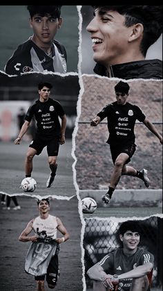 several pictures of young men playing soccer in black and white, including one with the ball