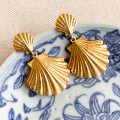 Gorgeous gold plated shell post with a lightweight shell drop. The perfect coastal accessory! 14k gold plated brass approx. 2" Coastal Accessories, Ocean Collection, Mermaid Vibes, Fort Worth Texas, Shell Earrings, The Seaside, Fort Worth, Gold Plate, Shells