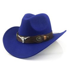 Blue Western Cowboy, Cowgirl Hat, Bull Horns Strap, Men Women Retro Wide Brim Blue Fedora For Country Events, Casual Blue Fedora With Flat Brim, Casual Adjustable Blue Felt Hat, Blue Brimmed Hat For Rodeo, Adjustable Blue Hat Bands For Fall, Casual Blue Hats For Rodeo, Adjustable Blue Felt Hat For Fall, Casual Blue Fedora Hat, Blue Fitted Casual Fedora