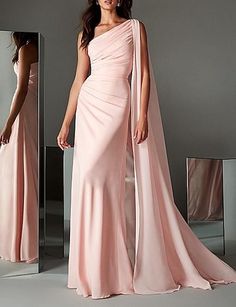 Sheath / Column Minimalist Elegant Engagement Formal Evening Dress One Shoulder Sleeveless Sweep / Brush Train Chiffon with Sleek 2022 Sleeveless Chiffon Dress With Sweep Train For Party, Sleeveless Chiffon Dress With Sweep Train, Sleeveless Gown For Banquet, Pink Sleeveless Chiffon Wedding Dress, Sleeveless Bridesmaid Gown, Sleeveless Chiffon Wedding Gown, Pink Sleeveless Chiffon Dress For Wedding, Pink Sleeveless Chiffon Dress For Banquet, Sleeveless Banquet Dress With Sweep Train