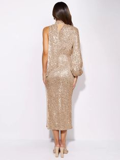 Elevate your evening wardrobe with this stunning Layton Sequin One-Shoulder Midi Dress. Delicately crafted from a luxe blend of sequin and crepe fabric, this contemporary silhouette features an of-the-moment asymmetric one-shoulder halter neckline and cascading ruching, allowing you to make a sophisticatedly chic style statement. Size Guide: Model is 5’7” tall, and has a 33.4” bust, 26.5” waist, & 34.6” hips. She is wearing a S / US 4 / AU 8. This dress is true to size. Material: Self & Lining – Gold Sequin Midi Dress For Formal Occasions, Formal Gold Sequin Midi Dress, Fall Gala Sequin Midi Dress, Gold Sequin Midi Dress For Evening, Gold Sequined Midi Dress For Cocktail Events, Gold Sequined Midi Dress For Cocktail, Gold Dresses With Asymmetrical Neckline For Evening, Glamorous One-shoulder Evening Dress, Gold Evening Dresses With Asymmetrical Neckline