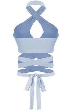 Stretch Crisscross Halter Top With Built-in Bra, Cross-tied Backless Halter Top For Summer, High Stretch Elastane Halter Neck Top, Versatile Halter Neck Tank Top For Beach, Stretch Elastane Crop Top For Summer, Summer Stretch Elastane Crop Top, Stretch Sleeveless Cross-tied Halter Top, Summer Elastane Crop Top, Blue Fitted Backless Halter Top