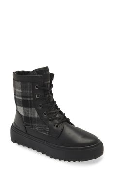 Ground your look in the utilitarian attitude of a lace-up combat boot set on a sturdy sawtoothed sole. Waterproof: protects against rain, puddles and slush to keep feet dry in wet conditions 1" platform Lace-up style; side zip closure Leather and textile upper/synthetic lining/rubber sole Imported Black Combat Boots With Reinforced Toe For Fall, Waterproof Lace-up Combat Boots For Streetwear, Black Combat Boots For Fall, Rugged Weatherproof Lace-up Boots For Fall, Rugged Insulated Lace-up Combat Boots, Weatherproof High-top Work Boots For Fall, Fall Outdoor Combat Boots With Reinforced Toe, Fall Weatherproof High-top Work Boots, Fall High-top Weatherproof Work Boots