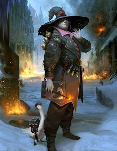 a painting of a man dressed as a wizard with a goose in front of him