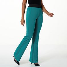 DG2 by Diane Gilman Ponte Knit Pull-On High Rise Flare Pant  Low maintenance, high fashion. Made from a soft, stretch ponte structured knit fabric, these flattering, flared bootcut pants bring effortless sophistication to your wardrobe. Green 4-way Stretch Elastane Pants, High Stretch Trousers For Work, Stretch Solid Color Pants For Workwear, Full Length Stretch Workwear Pants, Elegant High Stretch Bottoms For Work, Elegant High Stretch Pants For Fall, Green Stretch Elastane Pants, Green Elastane Pants With 4-way Stretch, High Stretch Ankle-length Workwear Pants