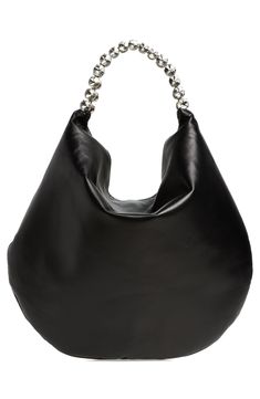 A draped hobo silhouette creates a feeling of sculptural ease on this luminous leather handbag topped with a crystal-encrusted carry handle. Magnetic-snap closure Top carry handle Satin lining Leather/crystal Spot clean Imported Designer Handbags Luxury Evening Hobo Bag With Silver-tone Hardware, Modern Evening Hobo Bag With Silver-tone Hardware, Luxury Evening Hobo Bag With Palladium Hardware, Modern Evening Hobo Bag With Detachable Handle, Leather Hobo Tote Bag For Evening, Leather Hobo Bag With Removable Pouch For Evening, Modern Hobo Bag With Detachable Handle For Evening, Luxury Soft Leather Hobo Bag For Evening, Luxury Soft Leather Evening Hobo Bag