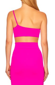 This smooth and stretchy shoulder-baring top makes an alluring statement with an ultracropped hem. 11 1/2" length (size Medium) One-shoulder neck Sleeveless Lined 90% nylon, 10% spandex Machine wash, tumble dry Made in the USA One Shoulder Top With Built-in Bra And Stretch, Stretch One-shoulder Top With Built-in Bra, Summer One Shoulder Top With Asymmetrical Neckline, Stretch One Shoulder Crop Top For Night Out, Fitted One Shoulder Elastane Top For Summer, Fitted Elastane One Shoulder Top For Summer, Stretch One-shoulder Crop Top For Party, Fitted One Shoulder Crop Top For Night Out, Seamless Bandeau Crop Top In Elastane