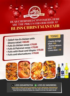 an advertisement for christmas dinner with food and drinks