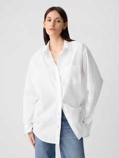 Poplin Big Shirt Relaxed Fit Long Sleeve Poplin Blouse, Cotton Blouse With Pockets And Fold Down Collar, Long Sleeve Poplin Blouse For Daywear, Long Sleeve Poplin Shirt With Button Closure, Fall Poplin Button-up Tops, Everyday Long Sleeve Blouse With Cuffed Sleeves, Casual Long Sleeve Poplin Top, Summer Long Sleeve Poplin Shirt, Long Sleeve Blouse With Cuffed Sleeves For Everyday