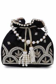 Bridal Bags, Black Indians, Potli Bag, Silk Pattern, Wedding Bags, Bridal Bag, Black White And Gold, Beaded Necklace Designs, Potli Bags