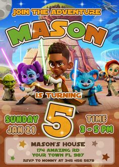 a poster for the movie's 5th birthday party, featuring characters from various films