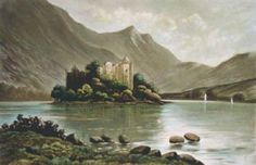 an oil painting of a castle in the middle of a lake