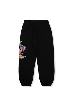 Black sweatpants from Palm Angels Kids. Made from cotton, this pair is cinched with cream drawstrings at the waist and showcases a colourful graphic print with a logo, two frontal pockets and elasticated cuffs. Composition: 100% Cotton Angel Kids, Heeled Rain Boots, High Heel Rain Boots, Printed Sweatpants, Boys Bottoms, Black Sweatpants, Kenzo Kids, Shoe Boot Sandals, Backpack Tote Bag